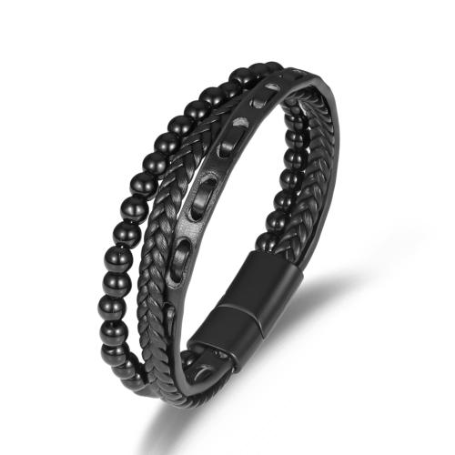 Pulseras de Cordón de PU, Cuero de PU, con Piedra natural & aleación de zinc, chapado en color plomo negro, Joyería & para hombre, Negro, longitud:21 cm, Vendido por UD