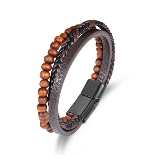 PU Leather Cord Bracelets, with Wood & Tibetan Style, plumbum black color plated, fashion jewelry & for man, brown, Length:19 cm, Sold By PC