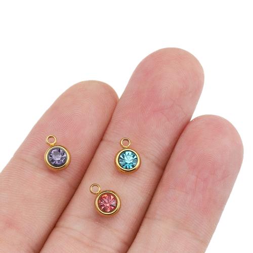 Stainless Steel Pendants, 304 Stainless Steel, with Rhinestone, Flat Round, Vacuum Ion Plating, DIY, more colors for choice, 6x3mm, Hole:Approx 2mm, Approx 100PCs/Bag, Sold By Bag