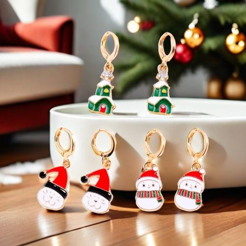 Pendientes de Navidad, aleación de zinc, chapado en color dorado, Diferente forma para la elección & Diseño de Navidad & para mujer & esmalte & con diamantes de imitación, más colores para la opción, libre de níquel, plomo & cadmio, Vendido por Par