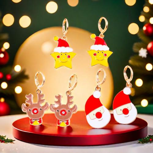 Pendientes de Navidad, aleación de zinc, chapado en color dorado, Diferente forma para la elección & Diseño de Navidad & para mujer & esmalte, más colores para la opción, libre de níquel, plomo & cadmio, Vendido por Par