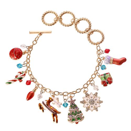 Pulseiras do  Natal, liga de zinco, cromado de cor dourada, Design de Natal & para mulher & esmalte & com strass, níquel, chumbo e cádmio livre, comprimento 270 mm, vendido por PC