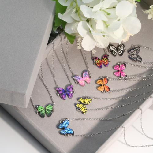 Titanium Steel Necklace with 5cm extender chain Butterfly plated fashion jewelry & enamel Length 40 cm Sold By PC