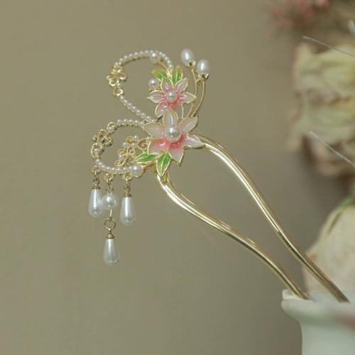 Hair Stick, Tibetan Style, with Plastic Pearl, plated, different styles for choice & for woman & enamel, gold, 140x80mm, Sold By PC