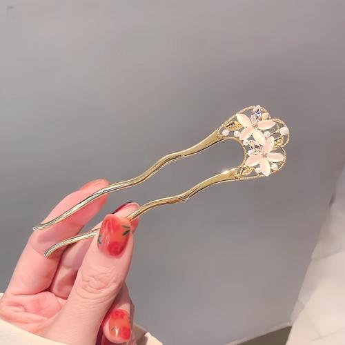 Hair Stick, Tibetan Style, with Cats Eye & Plastic Pearl, plated, different styles for choice & for woman & with rhinestone, gold, 115x30mm, Sold By PC