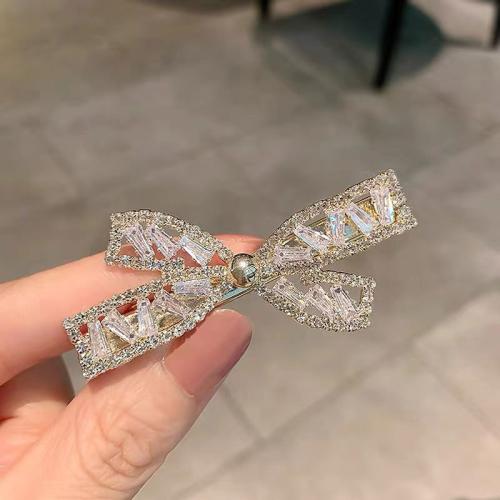 Alligator Hair Clip, Tibetan Style, Bowknot, plated, micro pave cubic zirconia & for woman, gold, 60x30mm, Sold By PC