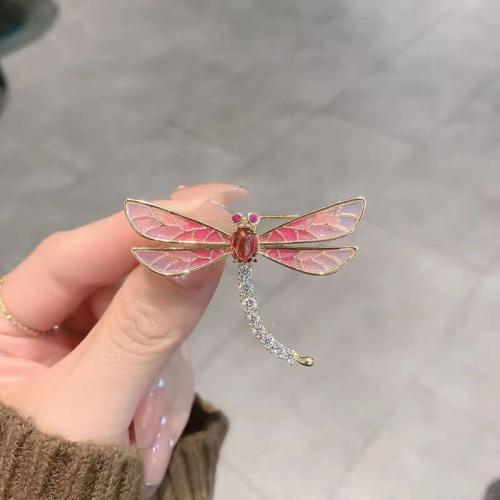 Zinklegering broches, Zinc Alloy, Dragonfly, plated, voor vrouw & glazuur & met strass, roze, 35x50mm, Verkocht door PC