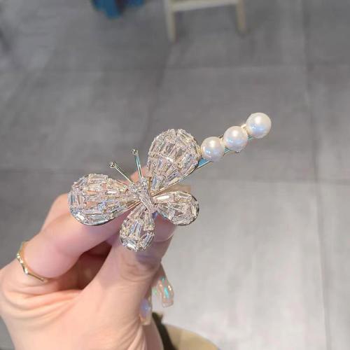 Alligator Hair Clip, Tibetan Style, with Plastic Pearl, Butterfly, plated, micro pave cubic zirconia & for woman, gold, 45x25mm, Sold By PC