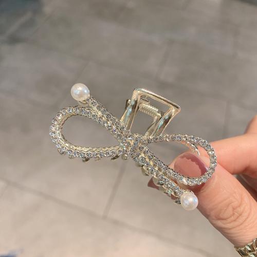 Hair Claw Clips, Tibetan Style, with Plastic Pearl, Bowknot, plated, for woman & with rhinestone, gold, 75mm, Sold By PC