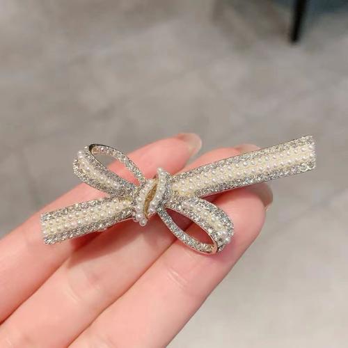 Alligator Hair Clip, Tibetan Style, with Plastic Pearl, Bowknot, plated, for woman & with rhinestone, gold, 60x35mm, Sold By PC