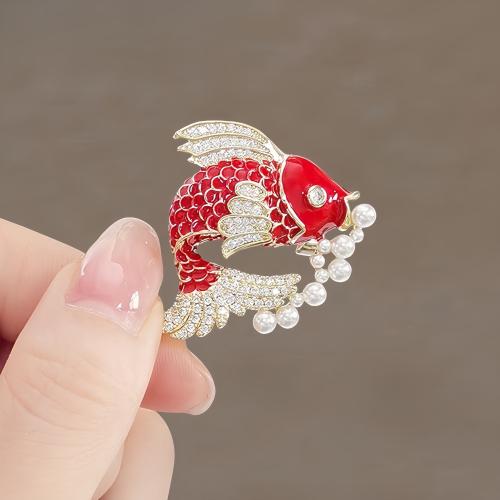 Tibetan Style Brooches, with Plastic Pearl, Fish, plated, for woman & enamel & with rhinestone, red, 35x29mm, Sold By PC