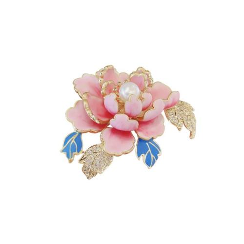 Broches en alliage de zinc, avec perle de plastique, Pivoines d'arbre, Placage, pour femme & émail, plus de couleurs à choisir, 51x41mm, Vendu par PC