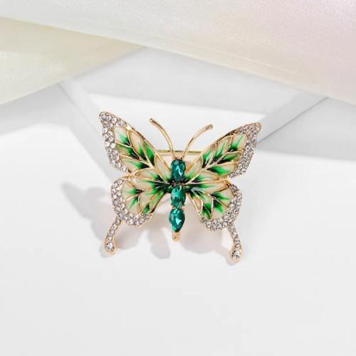 Zinc Alloy Brooches Butterfly plated for woman & enamel & with rhinestone green Sold By PC