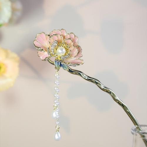 Hair Stick, Tibetan Style, with Plastic Pearl, petals, plated, for woman & enamel & with rhinestone, pink, 170x120mm, Sold By PC