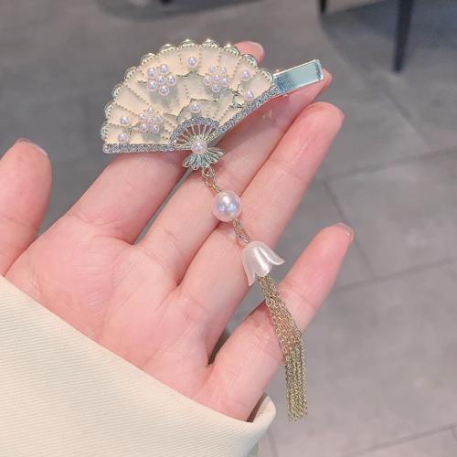 Alligator Hair Clip, Tibetan Style, with Plastic Pearl, Fan, plated, for woman & enamel & with rhinestone, golden, 65x95mm, Sold By PC