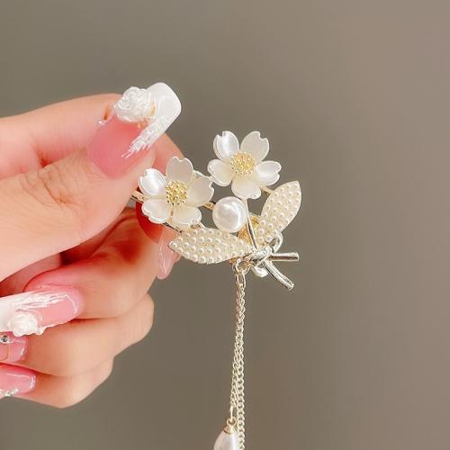 Hair Clip, Tibetan Style, with Plastic & Plastic Pearl, plated, for woman, golden, 94x38mm, Sold By PC