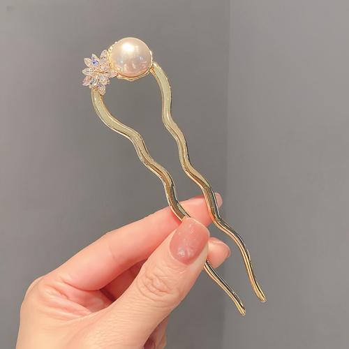 Hair Stick, Tibetan Style, with Plastic Pearl, plated, for woman & with rhinestone, golden, 120x35mm, Sold By PC