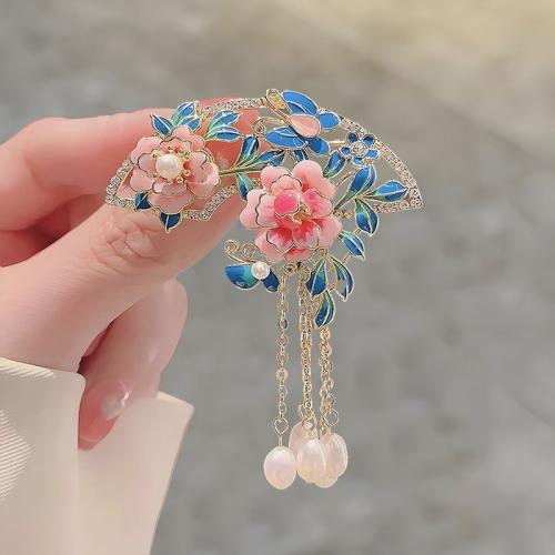 Broches en alliage de zinc, avec perle de plastique, Pivoines d'arbre, Placage, pour femme & émail & avec strass, Or, 52x42mm, Vendu par PC