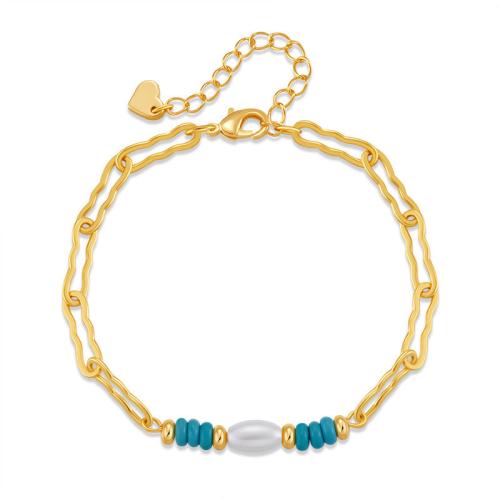 Brass Bracelet & Bangle, with Shell Pearl & turquoise, plated, for woman, golden, Sold By PC