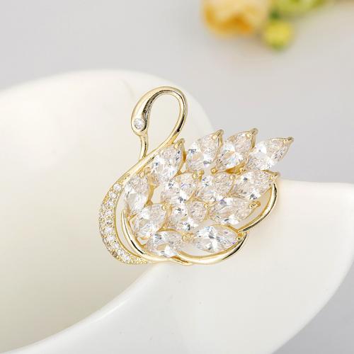 Brass Brooch Swan gold color plated micro pave cubic zirconia & for woman Sold By PC