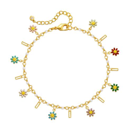 Brass Anklet, with 2.36inch extender chain, Flower, gold color plated, Bohemian style & for woman & enamel, Length:Approx 8.46 Inch, Sold By PC