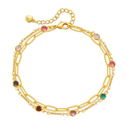 laiton bracelet de cheville, avec 2.36inch chaînes de rallonge, Plaqué or 18K, Double couche & pour femme & avec strass, Longueur:Environ 8.46 pouce, Vendu par PC