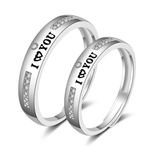 Couple Finger Rings, 925 Sterling Silver, Adjustable & fashion jewelry & Unisex & with rhinestone, Sold By Pair