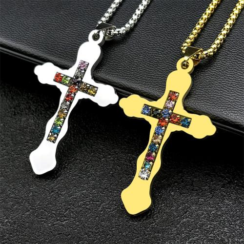 Stainless Steel Jewelry Necklace, 304 Stainless Steel, Cross, fashion jewelry & Unisex & with rhinestone, more colors for choice, 57x40mm, Length:Approx 60 cm, Sold By PC