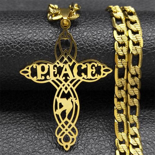 Stainless Steel Jewelry Necklace, 304 Stainless Steel, Cross, fashion jewelry & Unisex & hollow, golden, 50x35mm, Length:Approx 55 cm, Sold By PC