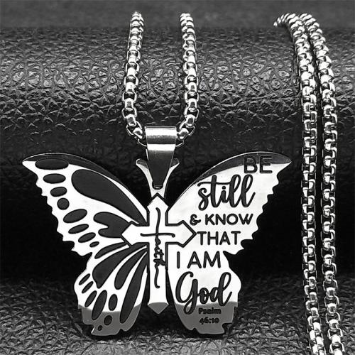 Stainless Steel Jewelry Necklace, 304 Stainless Steel, Butterfly, fashion jewelry & Unisex & enamel, silver color, 28x40mm, Length:Approx 50 cm, Sold By PC