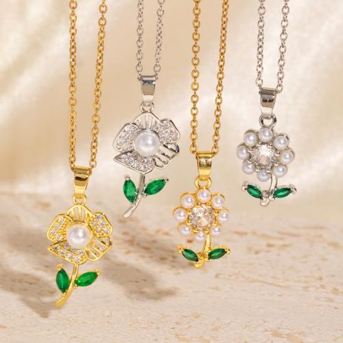 Brass Necklace, with Plastic Pearl, with 6cm extender chain, Flower, different styles for choice & for woman & with rhinestone, more colors for choice, 29x13mm, Length:Approx 40 cm, Sold By PC