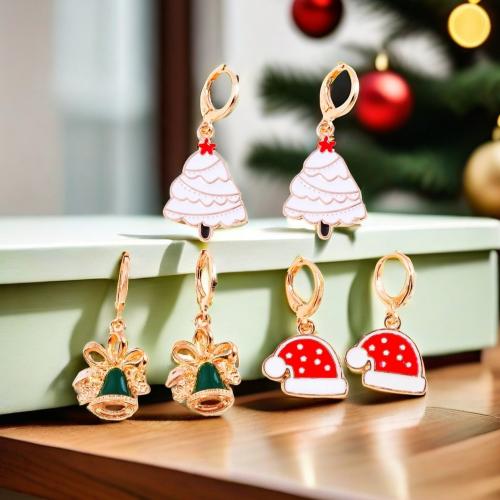 Pendientes de Navidad, aleación de zinc, chapado en color dorado, Diferente forma para la elección & Diseño de Navidad & para mujer & esmalte, más colores para la opción, libre de níquel, plomo & cadmio, Vendido por Par