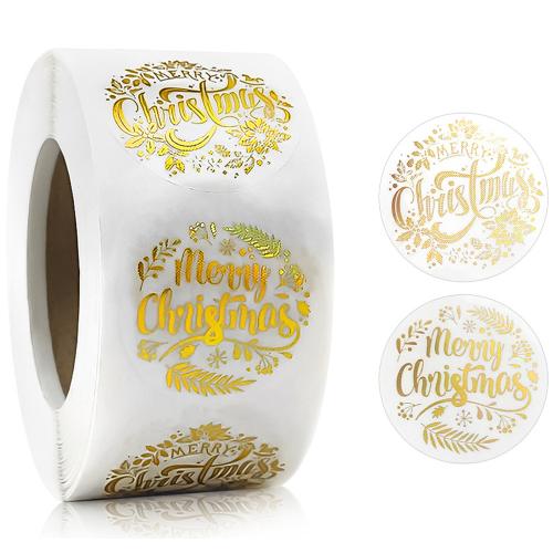 Adhesive Sticker Christmas Stickers, with Copper Printing Paper, Christmas Design & DIY, golden, 25mm, 500PCs/Spool, Sold By Spool