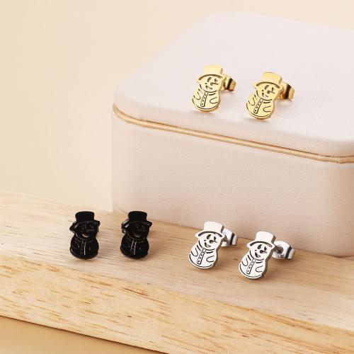 Stainless Steel Stud Earrings, 304 Stainless Steel, Snowman, Vacuum Ion Plating, Christmas Design & fashion jewelry & for woman, more colors for choice, 8x12mm, 12Pairs/Bag, Sold By Bag