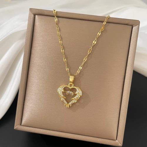 Titanium Steel Necklace, Heart, plated, micro pave cubic zirconia & for woman, gold, Length:Approx 21-50 cm, Sold By PC