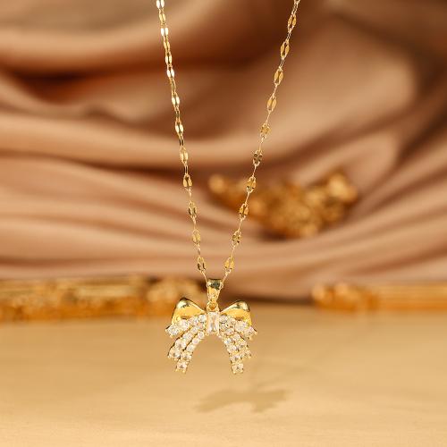 Titanium Steel Necklace with Brass Bowknot plated micro pave cubic zirconia & for woman Length Approx 41-50 cm Sold By PC