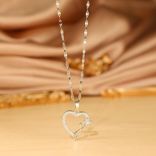 Titanium Steel Necklace with Brass Heart plated micro pave cubic zirconia & for woman Length Approx 41-50 cm Sold By PC