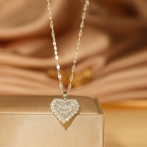 Titanium Steel Necklace with Brass Heart plated micro pave cubic zirconia & for woman Length Approx 41-50 cm Sold By PC