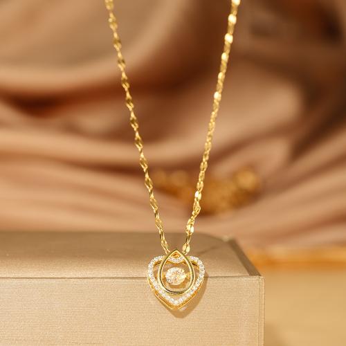 Titanium Steel Necklace with Brass Heart plated micro pave cubic zirconia & for woman Length Approx 41-50 cm Sold By PC