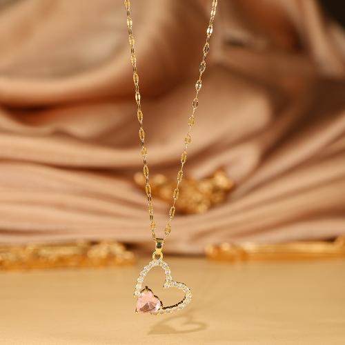 Titanium Steel Necklace, with Brass, Heart, plated, micro pave cubic zirconia & for woman, gold, Length:Approx 41-50 cm, Sold By PC