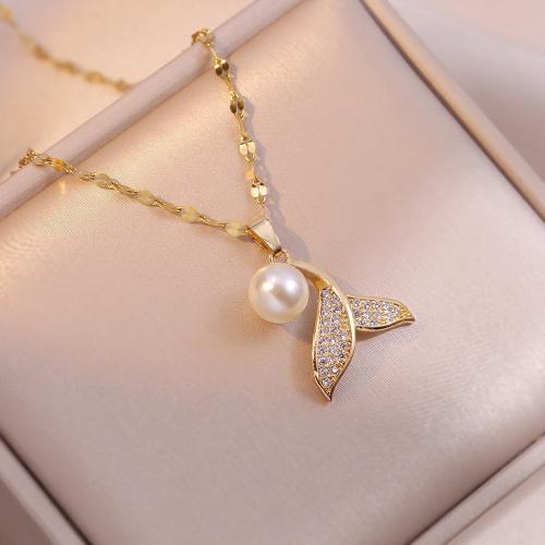 Titanium Steel Necklace with Plastic Pearl with 5CM extender chain plated micro pave cubic zirconia & for woman gold Length Approx 40 cm Sold By PC