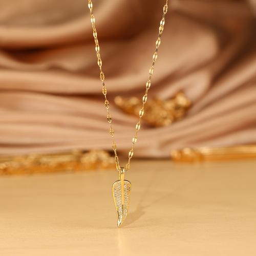 Titanium Steel Necklace with Brass Leaf plated micro pave cubic zirconia & for woman Length Approx 21-50 cm Sold By PC