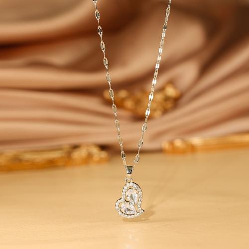 Titanium Steel Necklace with Brass Heart plated micro pave cubic zirconia & for woman Length Approx 41-50 cm Sold By PC