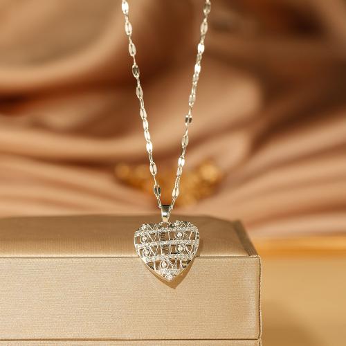 Titanium Steel Necklace with Brass Heart plated micro pave cubic zirconia & for woman Length Approx 41-50 cm Sold By PC