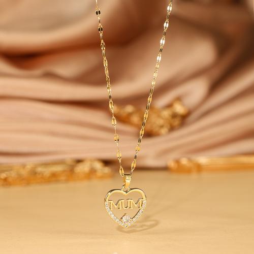 Titanium Steel Necklace with Brass Heart plated micro pave cubic zirconia & for woman Length Approx 41-50 cm Sold By PC