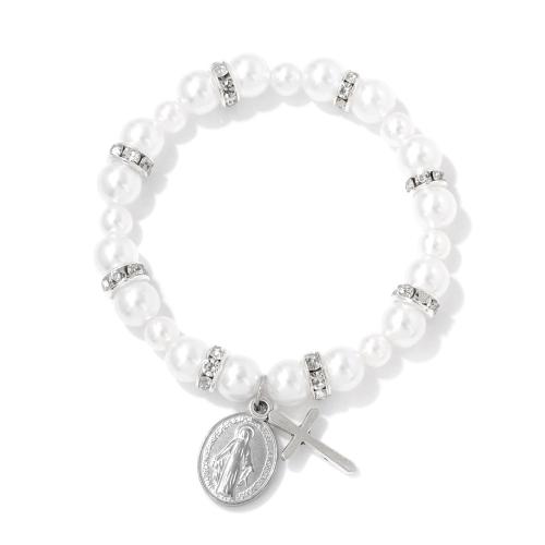 Tibetan Style Bracelet, with Polyester Cord & Plastic Pearl, handmade, different styles for choice & micro pave cubic zirconia & for woman, white, Sold By PC