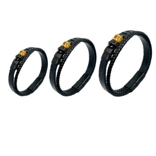 Bracelets cordon PU, Acier inoxydable 304, avec cuir PU & oeil de tigre, Vintage & normes différentes pour le choix & pour homme, noire, Vendu par PC