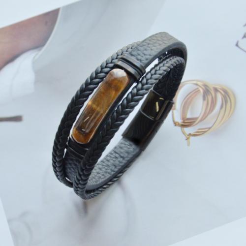 Bracelets cordon PU, Acier inoxydable 304, avec cuir PU & oeil de tigre, Vintage & normes différentes pour le choix & pour homme, noire, Vendu par PC