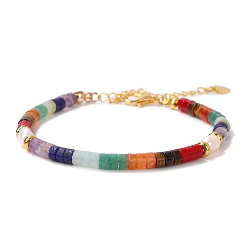 Pulseiras de pedras preciosas, liga de zinco, with misto de pedras semi-preciosas & Pérolas de água doce, feito à mão, para mulher, cores misturadas, comprimento Aprox 16 cm, vendido por PC