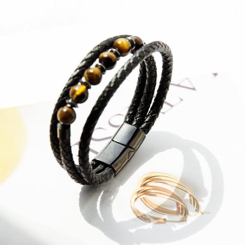 PU Leather Cord Bracelets, 304 Stainless Steel, with PU Leather & Tiger Eye, vintage & for man, black, Length:Approx 21 cm, Sold By PC